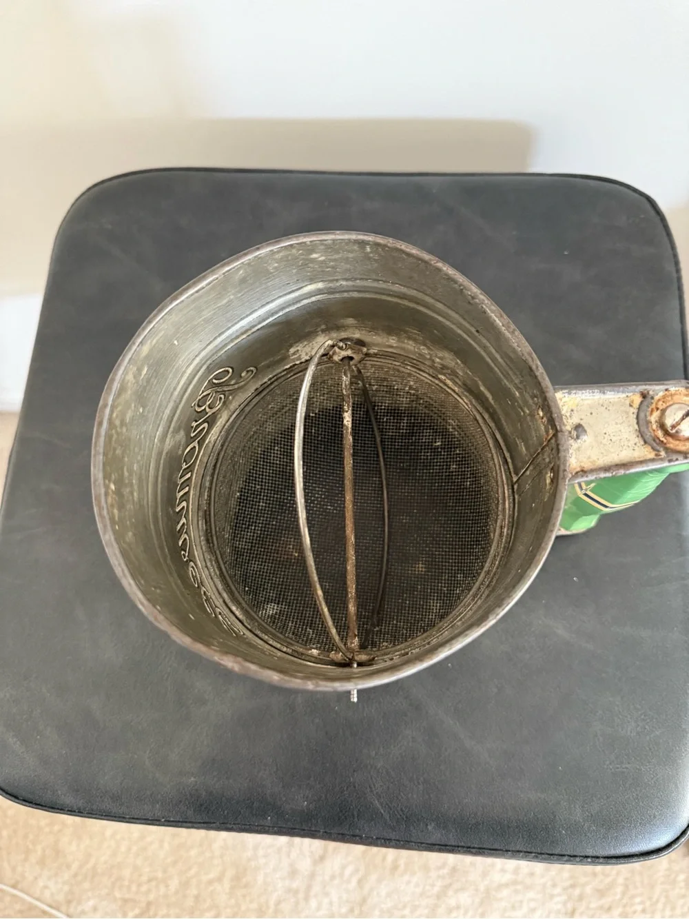 Vintage Bromwell Hand Flour Sifter with Green Wooden Handle